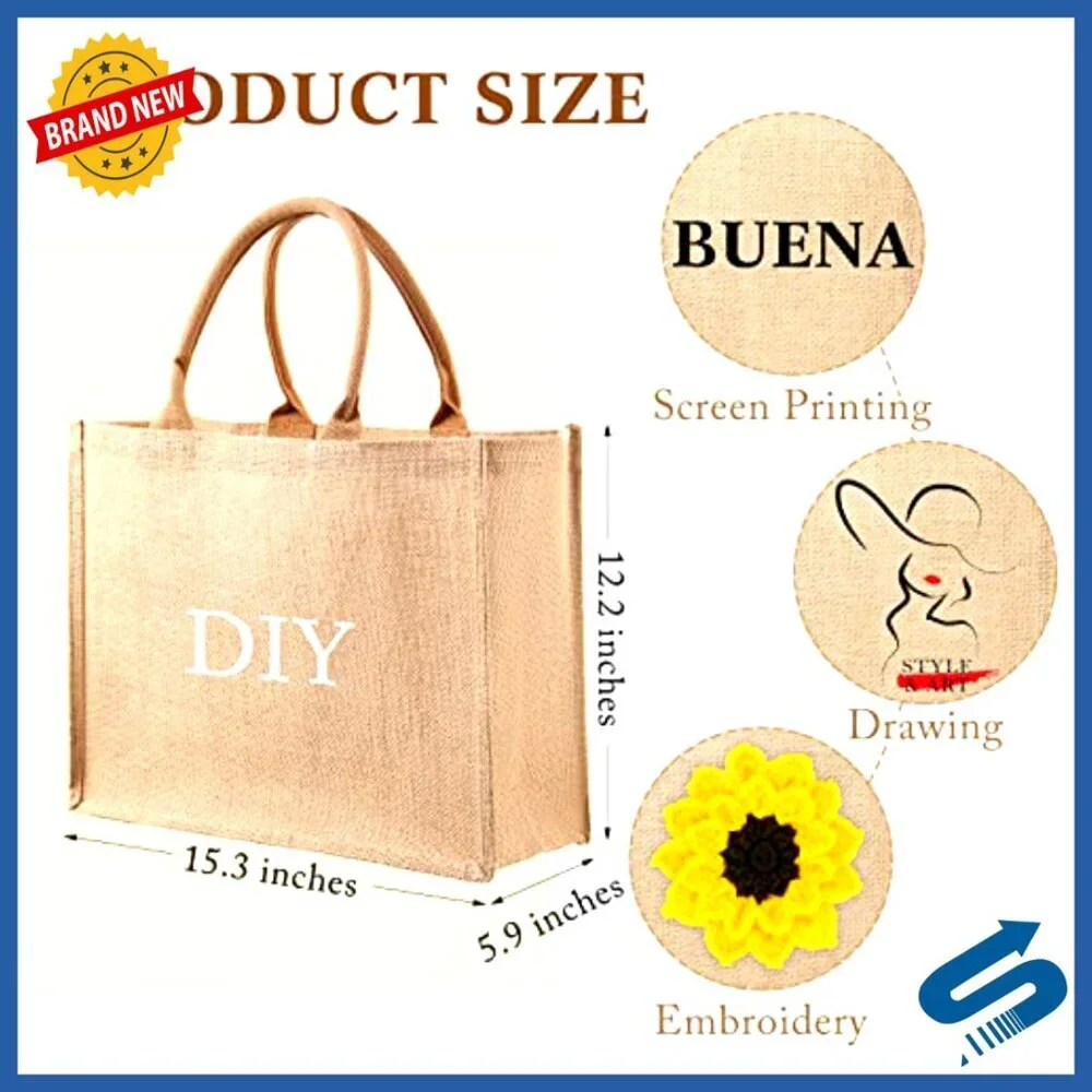 Reusable Jute Tote Bags Set Blank Large Grocery Shopping DIY Craft Gift